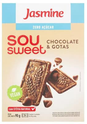 Biscoito Vegano Chocolate Gotas Zero Açúcar Jasmine Sou Sweet Caixa 75g